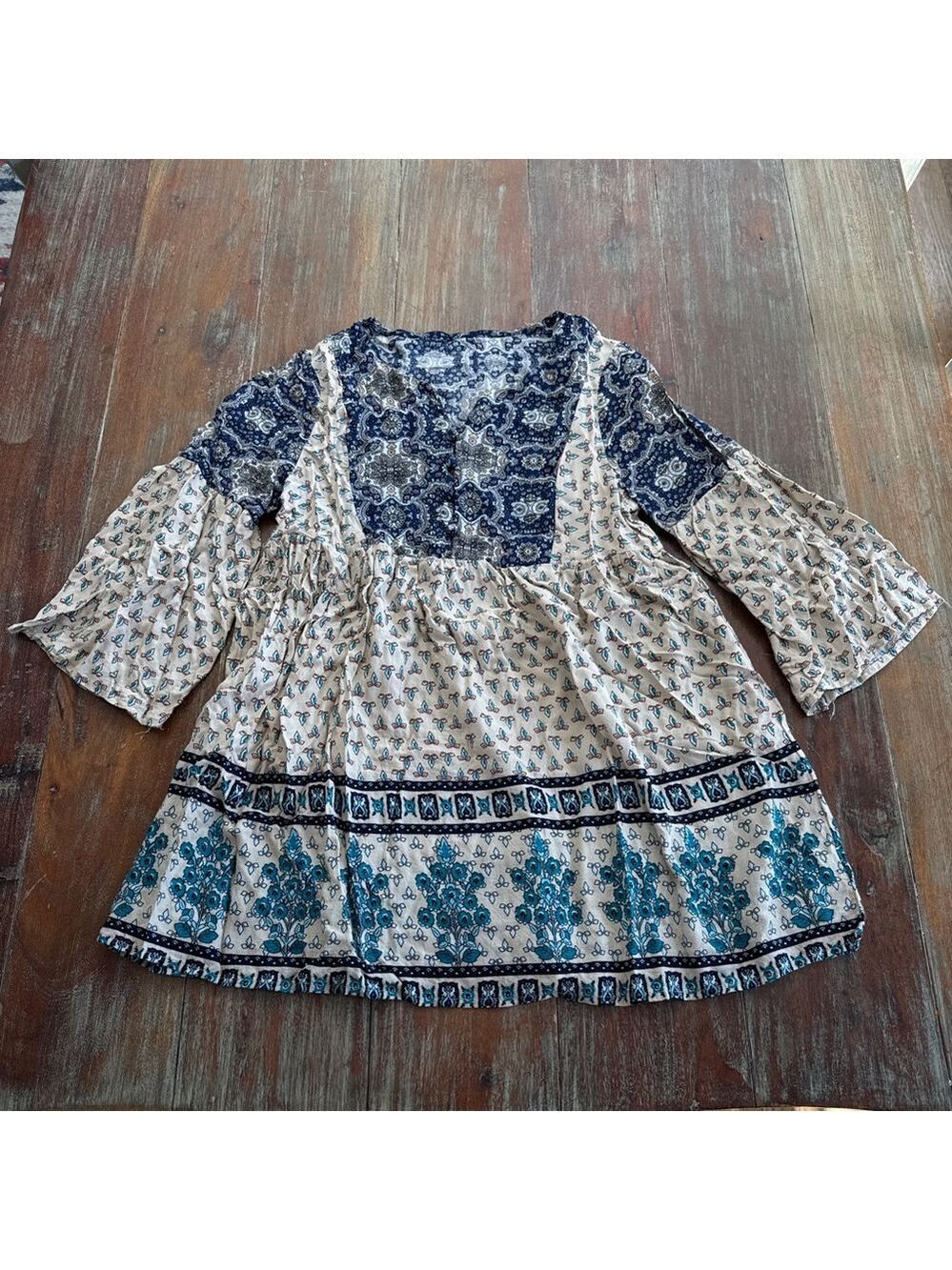 Hayden Girls Boho Floral Print Dress Beige Blue 9 10